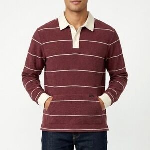RVCA Mens Rugby Polo Shirt Small Burgundy Striped Long Sleeve Kangaroo Pocket